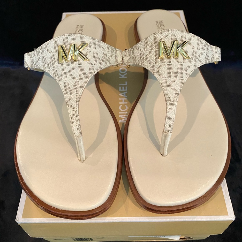 Michael Kors Cream T-Strap Sandals with Gold Hardware